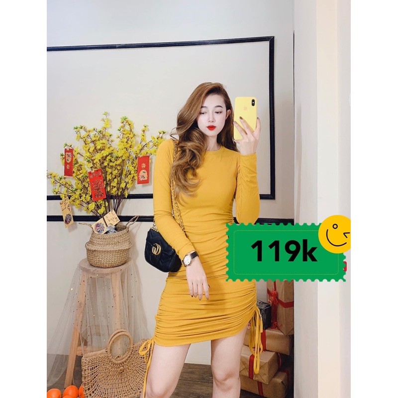 [Free Ship] Váy body tay dài nhún hông và dây rút, chất thun dày mịn