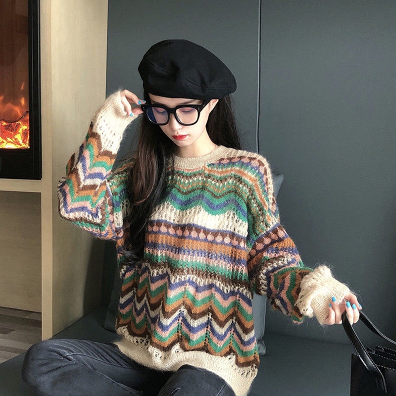 IELGY Áo sweater dệt kim mỏng dáng rộng kiểu retro phương Tây cá tính
