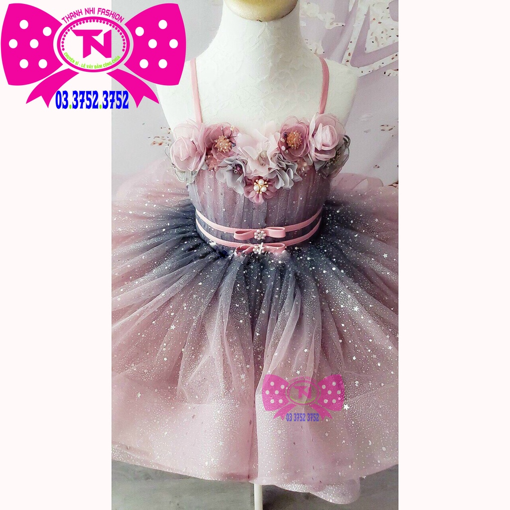 Váy Bé Gái Hồng Loang Đen kim sa ngôi sao lấp lánh lung linh - Hàng Thiết kế cao cấp - Thanh Nhi Fashion TN342022006