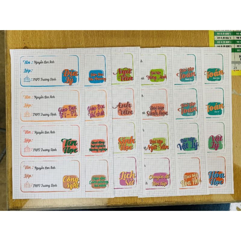 Nhãn vở cấp 3 đã in môn học sẵn siêu dễ thương