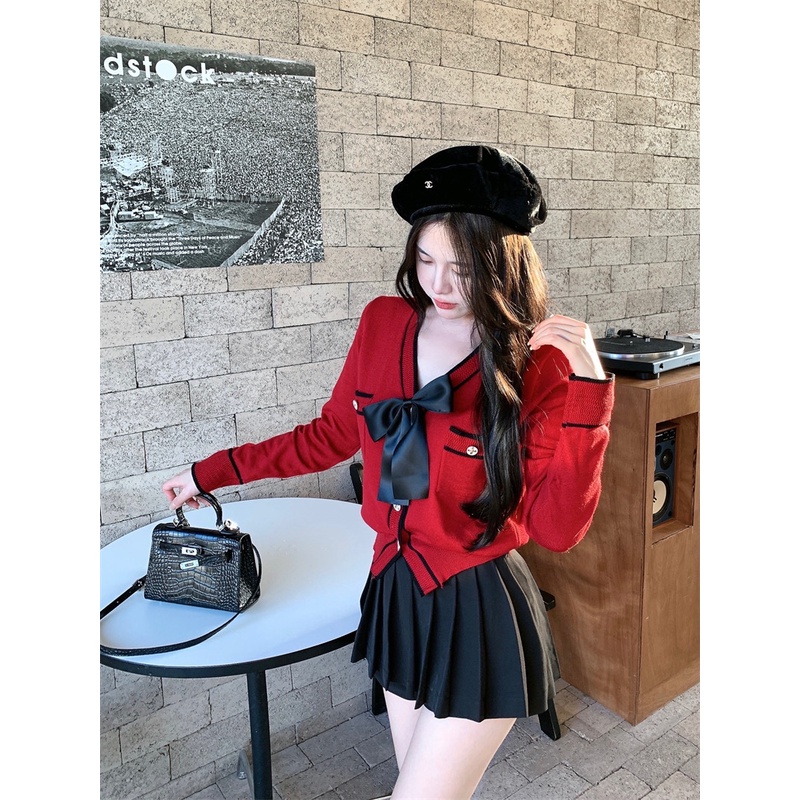 Áo cardigan len dệt kim thắt nơ màu đỏ thiết kế đáng yêu nữ tính