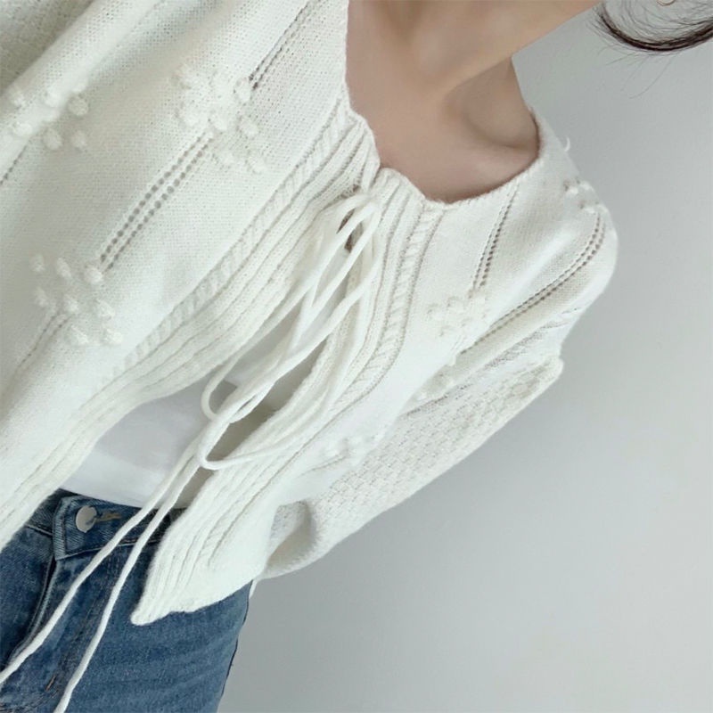 Áo Khoác Cardigan Len Tay Phồng Dáng Ngắn Phối Ruy Băng Màu Xanh Lá Thời Trang Hàn Quốc Mới Cho Nữ