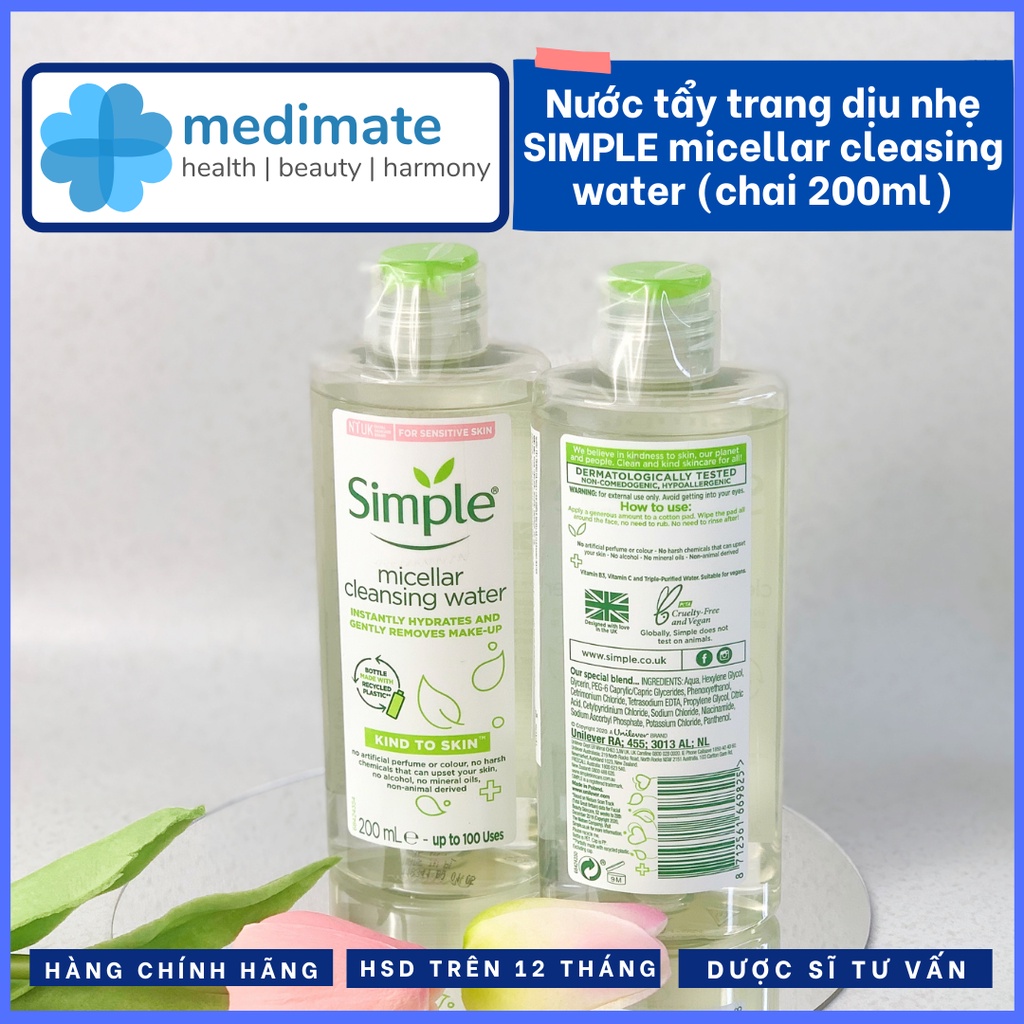 Nước tẩy trang SIMPLE micellar cleansing water cho da nhạy cảm (Chai 200ml)
