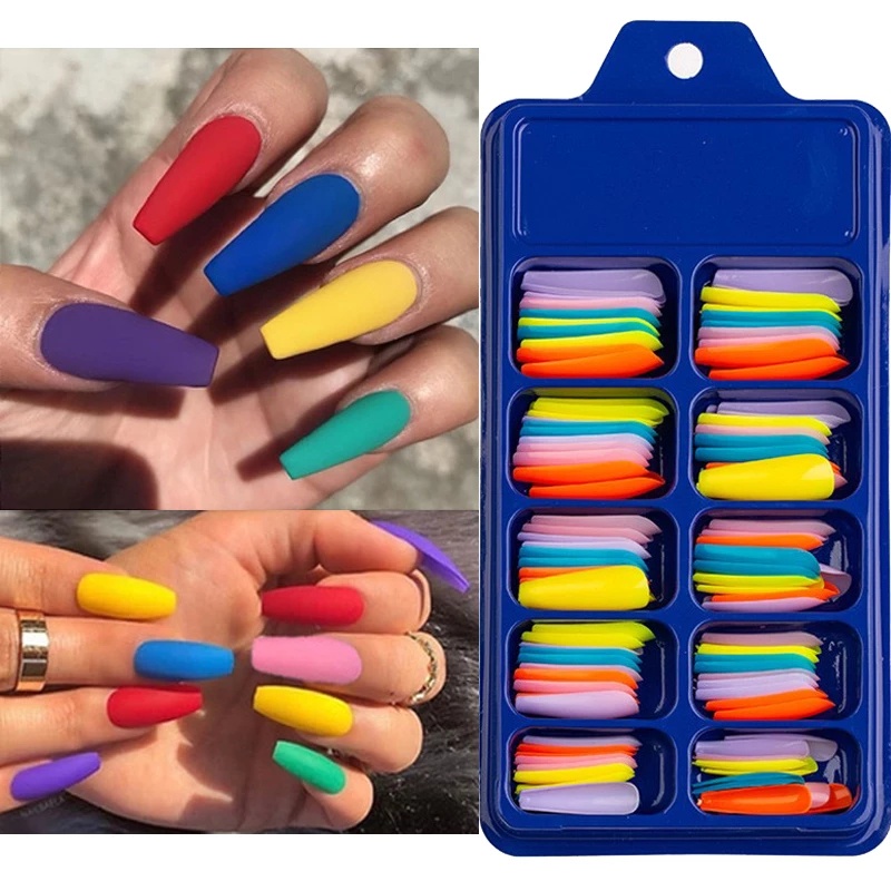 [Hàng mới về] Set 100 Móng Tay Giả Bằng Nhựa Acrylic Nhiều Màu Thiết Kế Bao Phủ Toàn Diện Độc Đáo