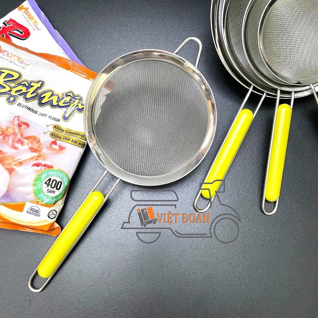 RỔ LƯỢC DỪA, RÂY BỘT, VỚT BỌT INOX cầm tay- lưới khít CÓ TAY CẦM NHỰA BỌC CHỐNG NÓNG CAO CẤP nhiều size