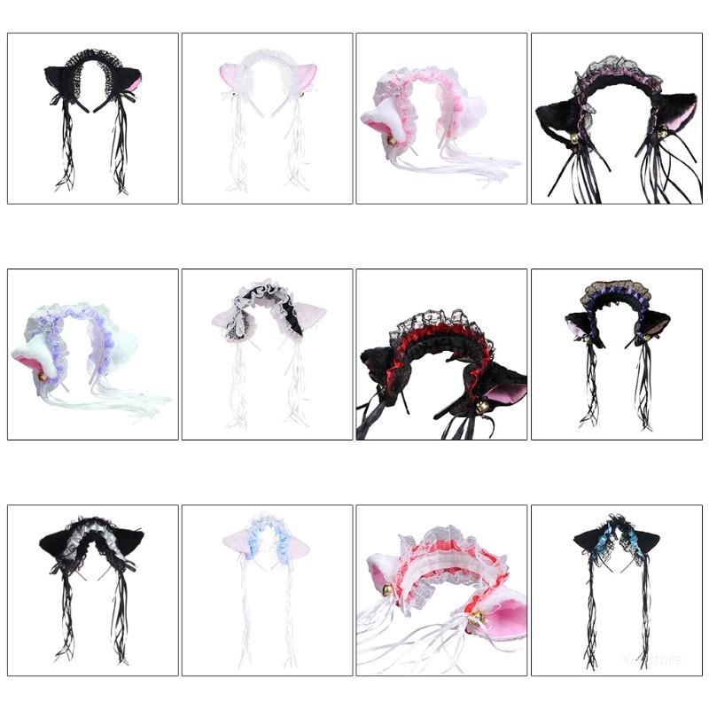 Cài tóc hình tai mèo gắn chuông và dây ruy băng tua rua dễ thương phong cách lolita cho nữ