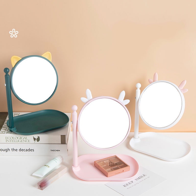 Gương trang điểm để bàn tai mèo xoay 360 độ có khay để trang sức đáng yêu