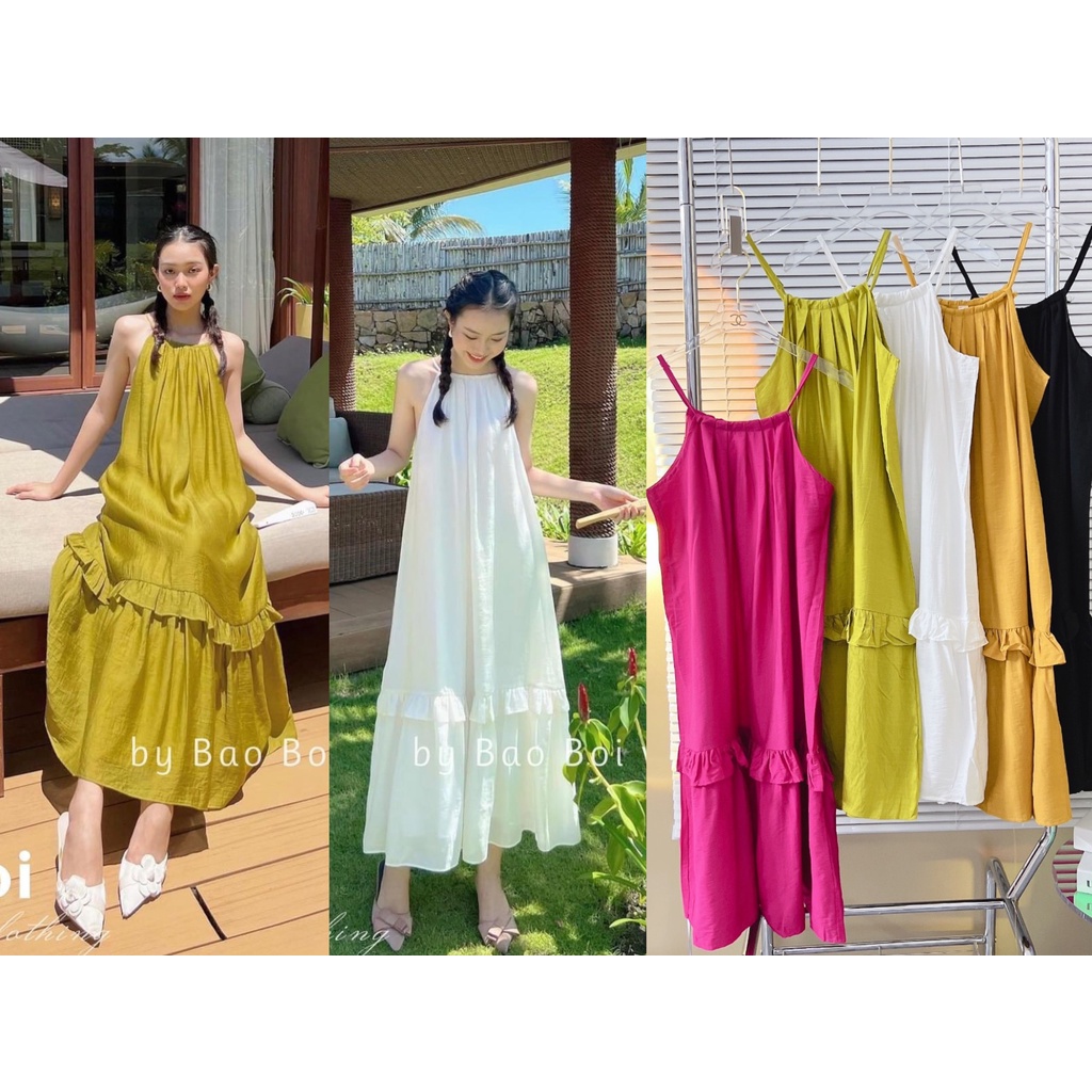 Váy yếm dáng dài bèo tà váy maxi 2 dây đũi xước hàng thiết kế Quảng Châu