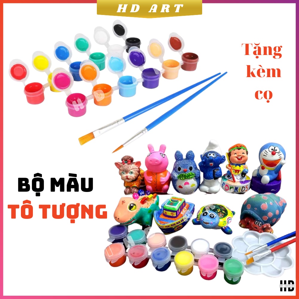 Bộ màu nước tô tượng hoặc dùng làm màu trộn đất sét 3ml tặng kèm bút lông cọ 8 màu và 12 mầu tiện lợi