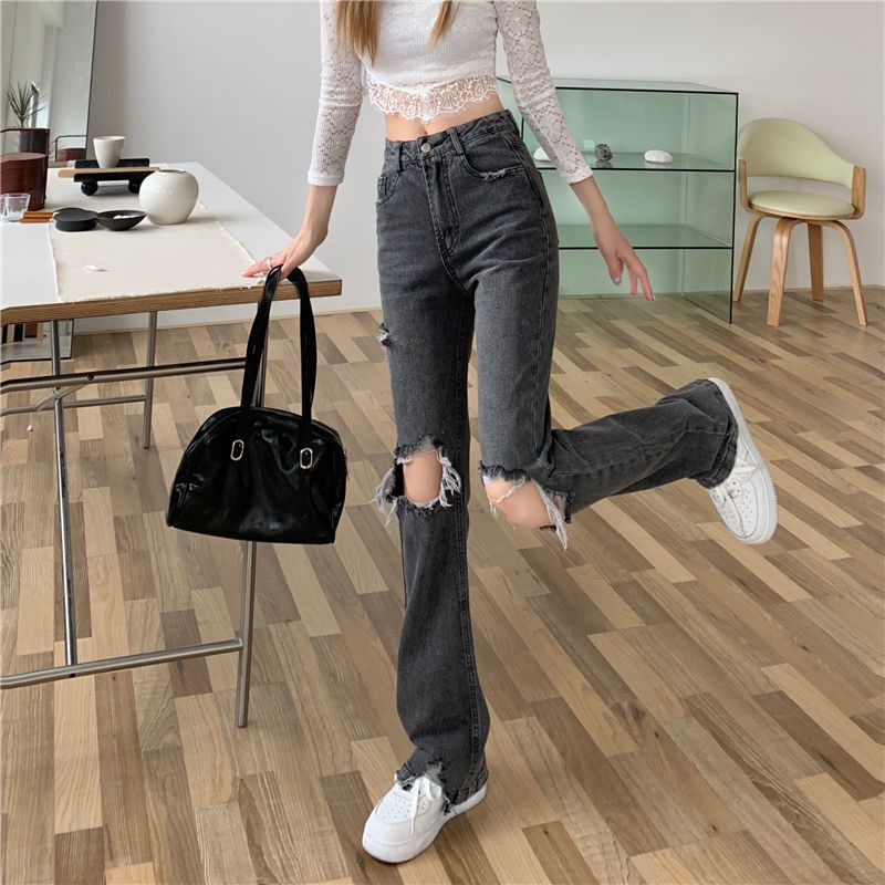 Quần Jeans ống rộng màu xám phối rách thời trang mùa thu cho nữ 2021