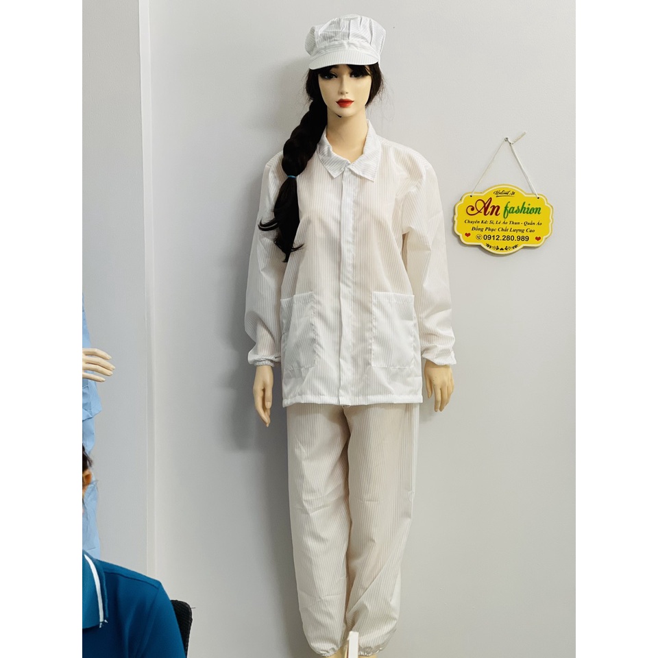 Bộ phòng sạch vải chống tĩnh điện cho nam nữ dùng trong ngành điện tử _ Hình chụp thật