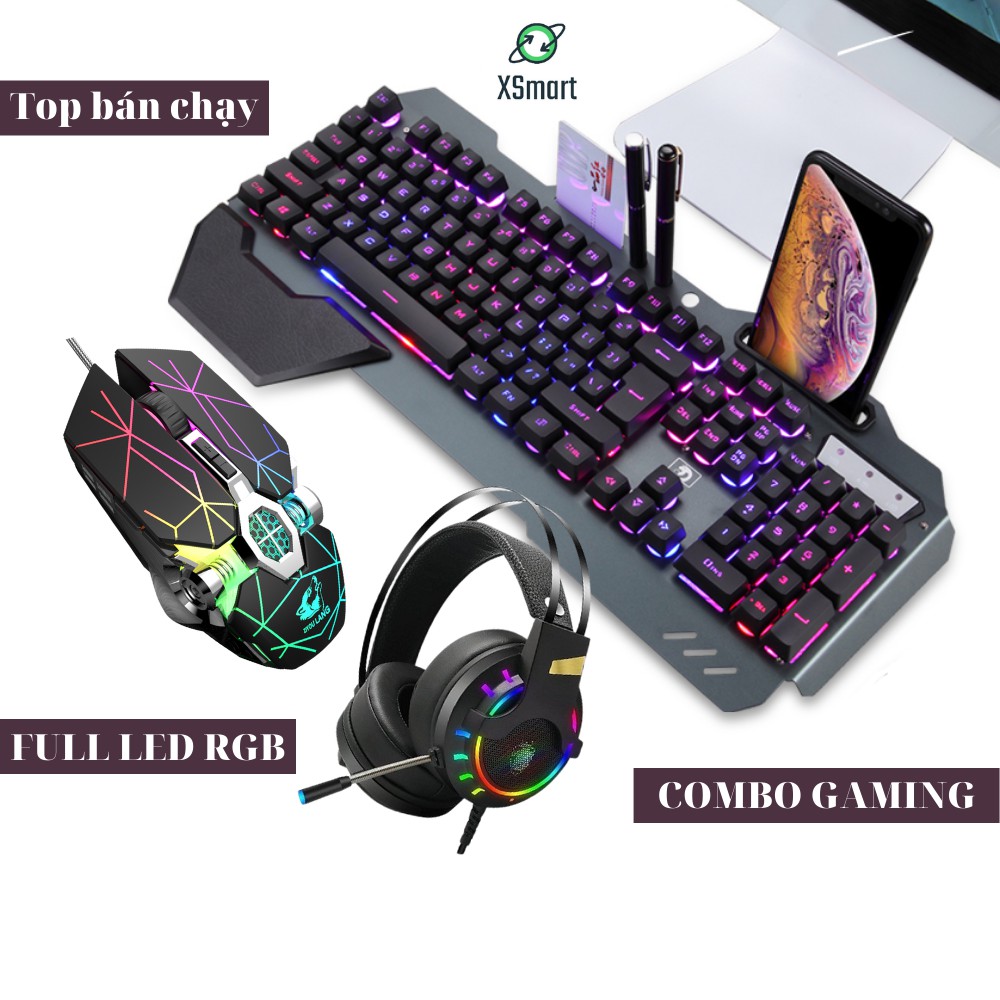 Bộ bàn phím chuột kèm tai nghe gaming chụp tai, combo chơi game cho máy tính laptop pc K618+V8 tia sét+K3