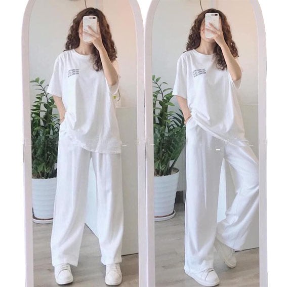 [Mã FADI5K245 giảm 5K đơn 0đ] [ Quà tặng là khẩu trang bạn nhé] Sét đồ nữ trắng vải cotton áo phông quần ống rộng | BigBuy360 - bigbuy360.vn
