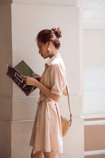 Đầm sơmi đắp chéo thắt nơ eo