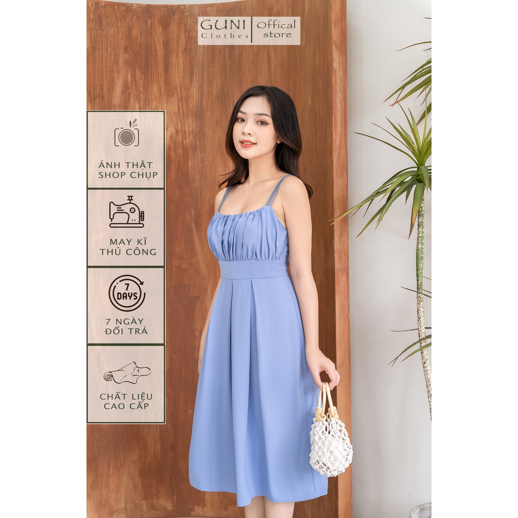 Đầm thiết kế hai dây Guni phối ren, xếp ly xoè, màu xanh