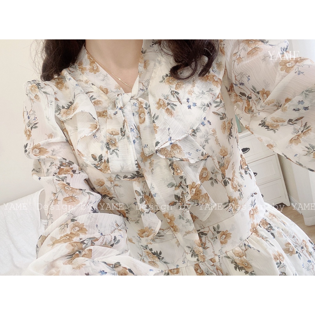 Váy đầm nữ tơ hoa dáng suông dài tay bo chun cổ bèo Flane màu be YAME