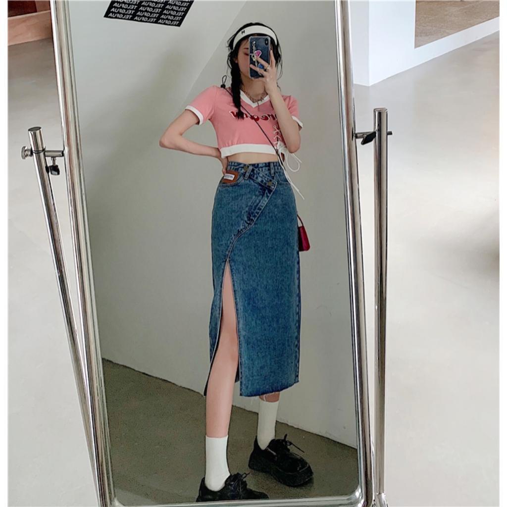 Jiashucheng Chân Váy Denim Xẻ Tà Dáng Chữ a Lệch Tà Phong Cách Mới Mùa Hè 2023 Cho Nữ
