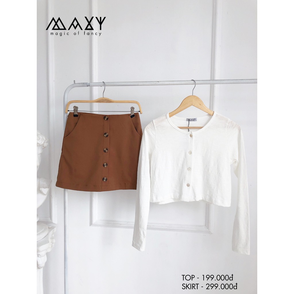 Quần váy màu nâu nút dọc browny button skirt Maxy Workshop