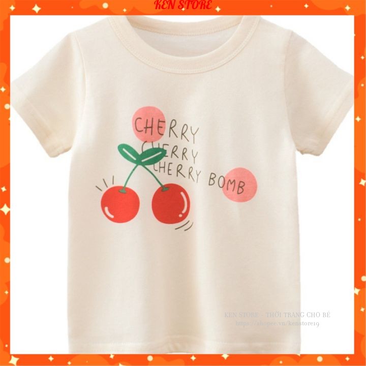 Áo thun bé gái Hàn Quốc hoạ tiết quả cherry, áo phông bé gái 100% cotton cho bé 1-7 tuổi KEN STORE