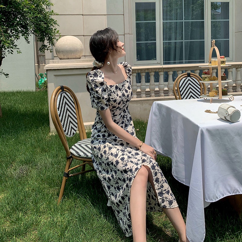 COZOK Đầm Hoa Tay Phồng Ôm Eo Phong Cách retro Nữ Tính