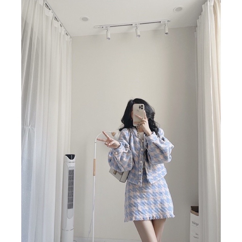 Set dạ tweed dày dặn dáng cổ tròn hoạ tiết răng sói màu siêu xinh