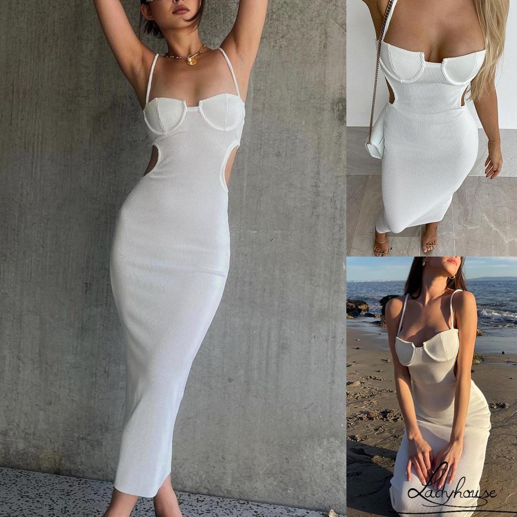 LD-Women Party Dress, Solid Color Hollow-Out Spaghetti Strap Sleeveless Bodycon One-Piece for Ladies, S/M/L