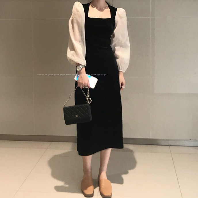 Váy Xiaozhainv cổ vuông tay dài phong cách Hàn Quốc thanh lịch cho nữ | BigBuy360 - bigbuy360.vn