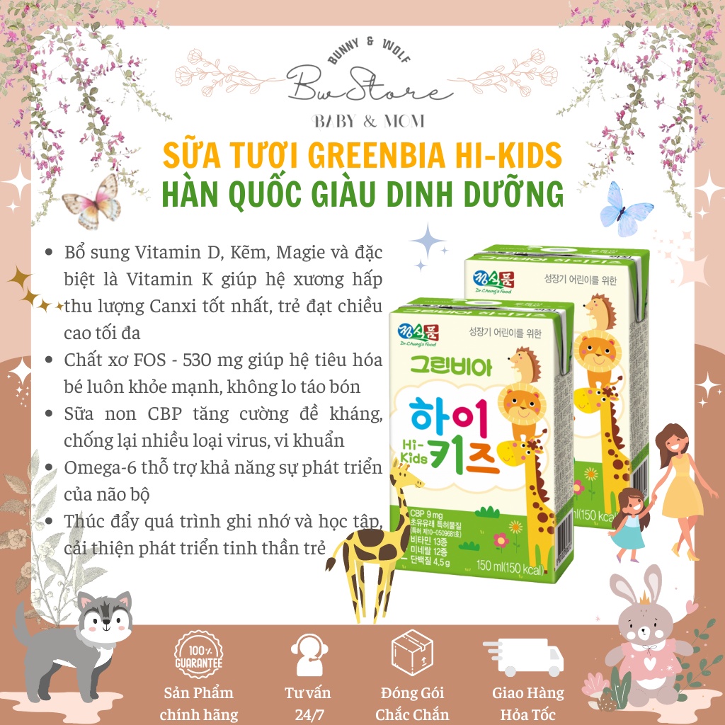 Sữa Tươi Greenbia Hi-kids Hàn Quốc Hộp 150ml tăng cân tăng cao cho bé [Lốc 3 hộp - Bw Store]