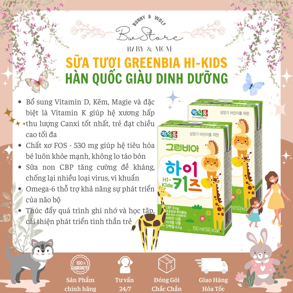 Sữa Tươi Greenbia Hi-kids Hàn Quốc Hộp 150ml tăng cân tăng cao cho bé Lốc