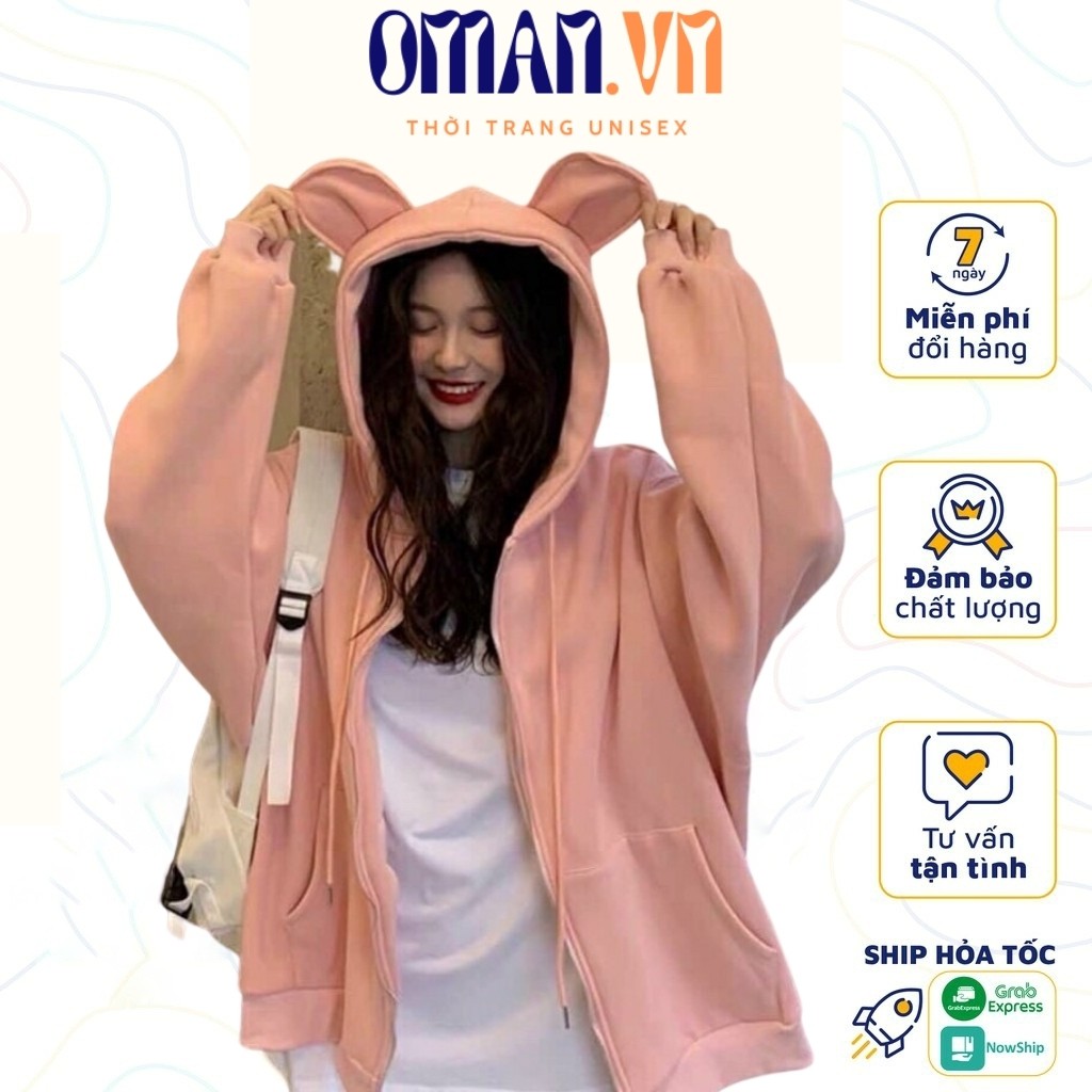Áo khoác nỉ Hoodie Dây Kéo TAI THỎ form rộng áo nỉ bông ulzzang Cá Tính Unisex Oman