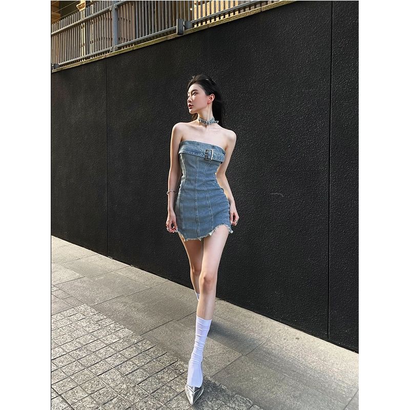 Titi Miss Sister Đầm Denim Ôm Eo Dạng Ống Màu Trơn Kiểu Mỹ Nóng Bỏng Mùa Hè Cho Nữ