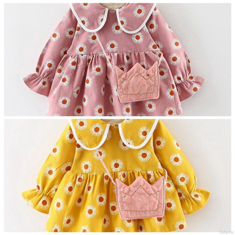 Set đầm dài tay cổ tròn + túi đeo chéo in hoa đáng yêu cho bé gái