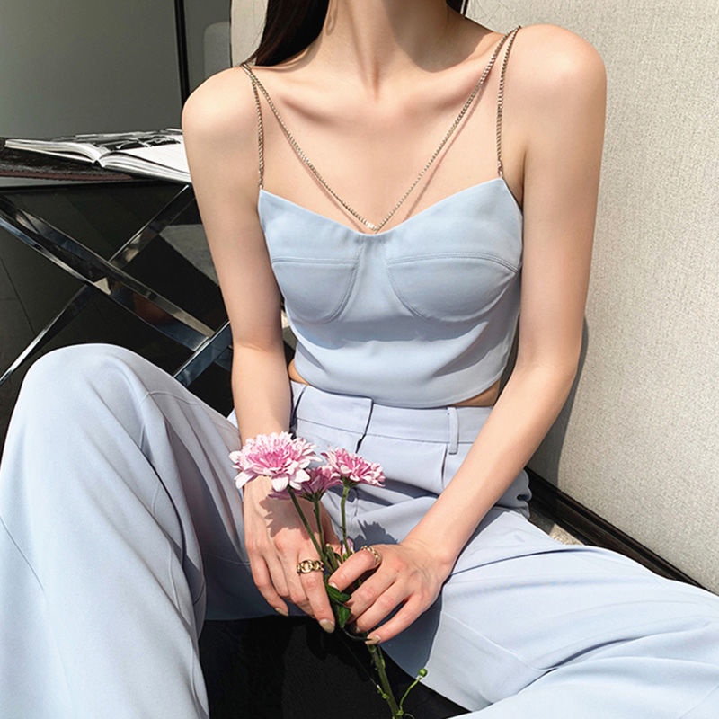 IELGY Áo không tay màu trắng phối dây xích phong cách Pháp cho nữ