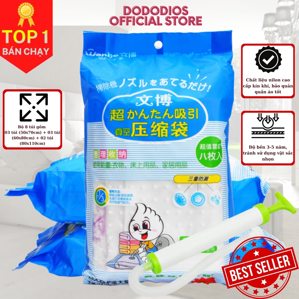 Bộ 8 túi hút chân không đựng chăn màn quần áo tặng kèm bơm tay cao cấp dododios