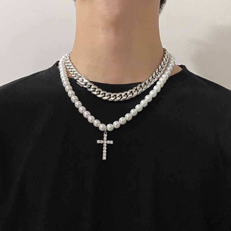 Dây chuyền 22496 mặt thánh giá đính ngọc trai phong cách hip hop thời trang đường phố độc đáo