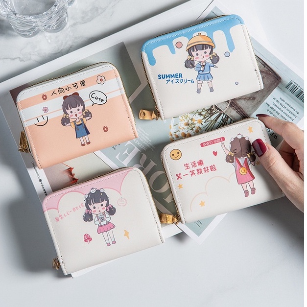 Ví Da PU Mini Cầm Tay Họa Tiết Cô Gái Summer Xinh Xắn Nhiều Ngăn Có Khóa Kéo Bóp Nữ Cute Hot Trend Dễ Thương