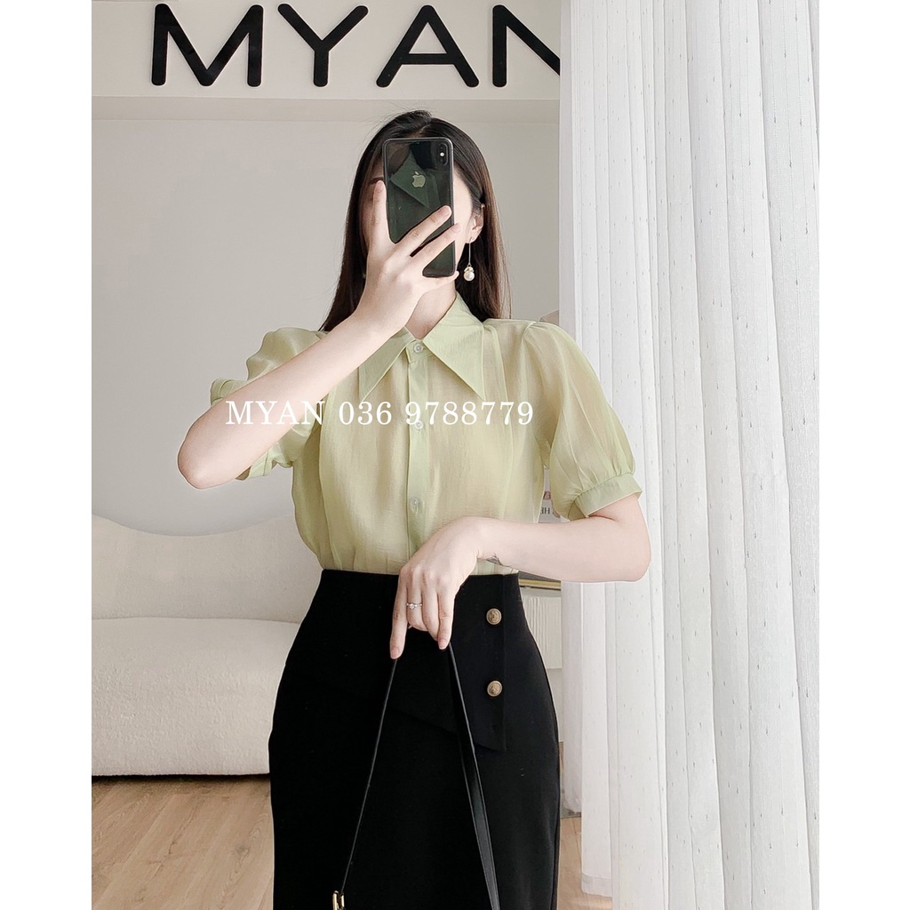Áo Sơ Mi Nữ Voan Tơ MYAN Thiết Kế Cổ Nhọn Ngắn Tay Màu Trơn Phong Cách Công Sở (Trắng, Xanh, Bơ, Nâu) A072206
