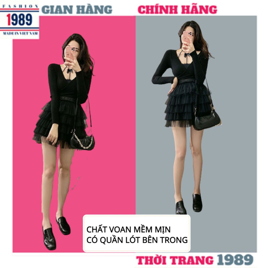 (video ảnh thât) Chân váy ngắn tầng chất voan lưới tầng có quần lót trong phong cách vintage - ulzzang  thời trang1989