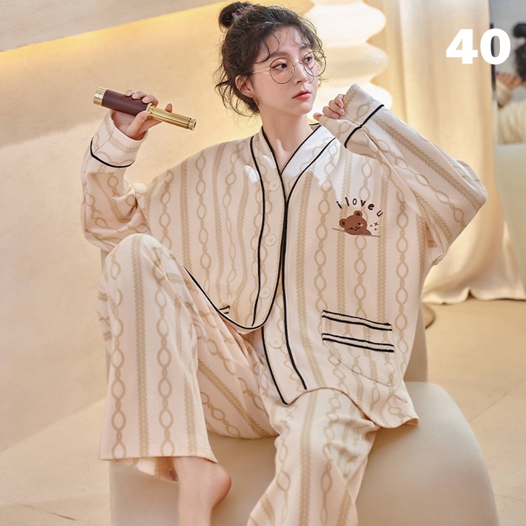 Bộ Mặc Nhà Pyjama Tea Store Cotton Dài Tay QC Họa Tiết Gấu Áo Trắng Quần Xanh 6