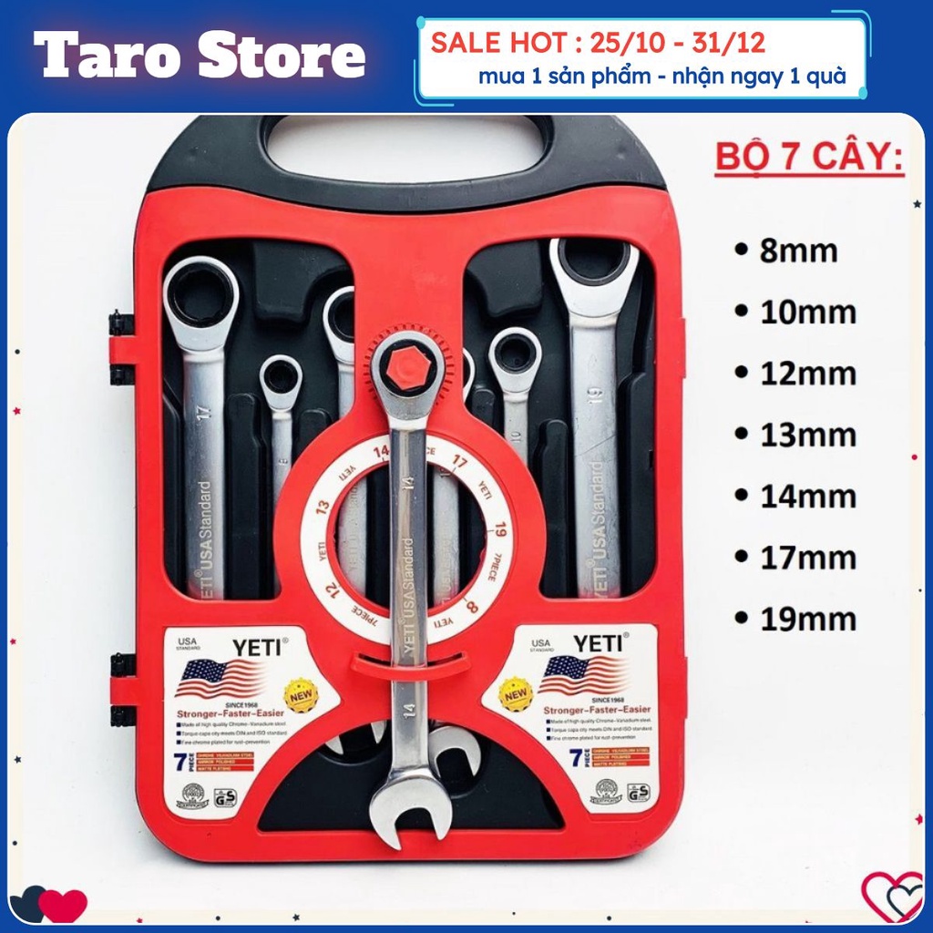 Bộ cờ lê vòng miệng tự động Yeti 7 chi tiết 8-19mm - hàng cao cấp, hoàn thiện tinh xảo xịn