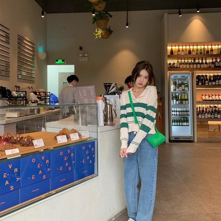 Áo kiểu ZHELIHANGFEI dệt kim cổ polo tay dài dáng ngắn rộng họa tiết kẻ sọc dễ phối đồ thời trang