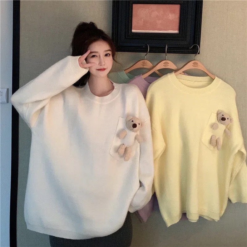 Áo Sweater Nữ Màu Xanh Hồng Vàng Trắng Cổ Tròn Có Túi Gấu Cute Dài Tay, Áo Len Thu Đông Chất Loại 1 Dễ Thương