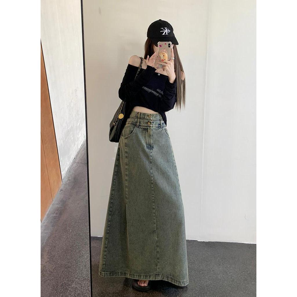 Chân Váy Denim Dài Dáng Chữ A Lưng Cao Phong Cách Retro Thời Trang Mùa Thu Hàng Mới Dành Cho Bạn Nữ 668