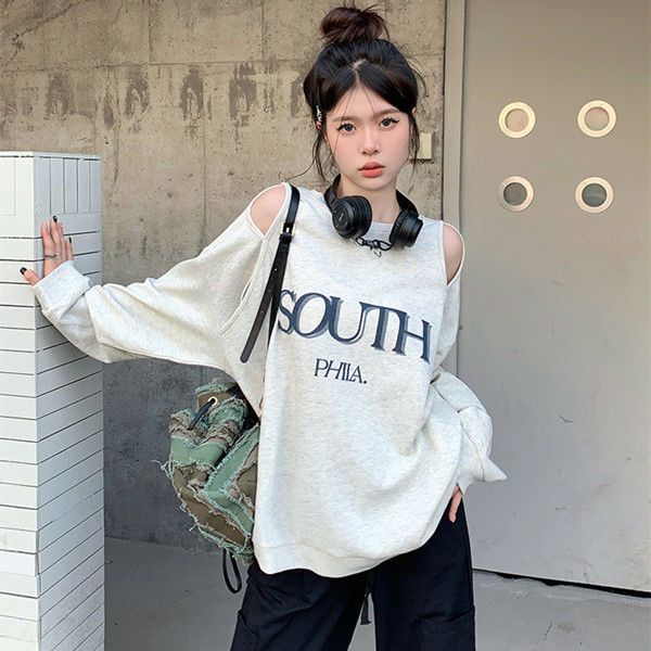 Áo Sweater Cổ Tròn Tay Dài Dáng Rộng In Chữ Phong Cách Mỹ Thời Trang Mùa Thu Cho Nữ