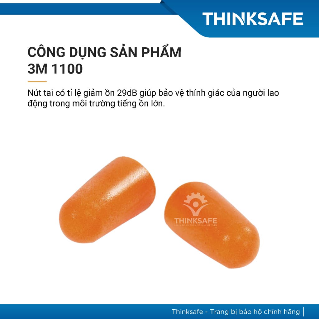 Nút tai chống ồn 3M 1100 cấu tạo từ PU xốp, chống ồn đạt chỉ số NRR 29dB, không dây