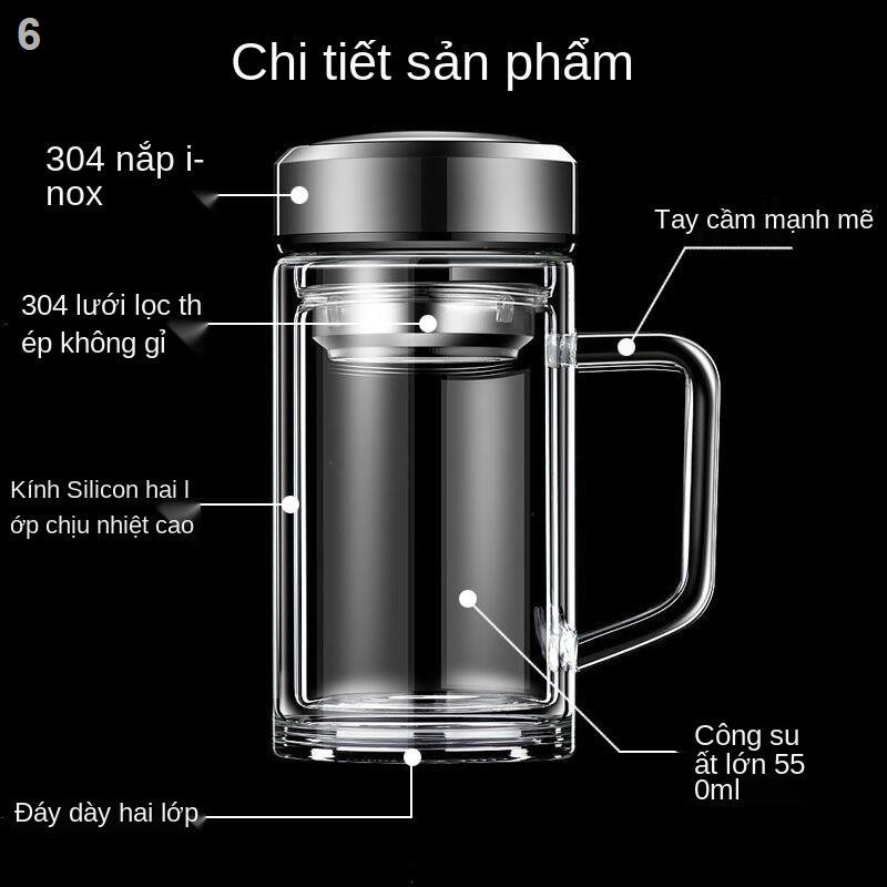 Cốc thủy tinh hai lớp có tay cầm văn phòng dung tích lớn nam gia dụng pha trà lọc nắp tùy chỉnh