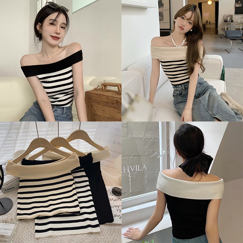 Áo Thun Dệt Kim Trễ Vai Tay Ngắn Kẻ Sọc Màu Tương Phản Thời Trang Hàn Quốc Cho Nữ