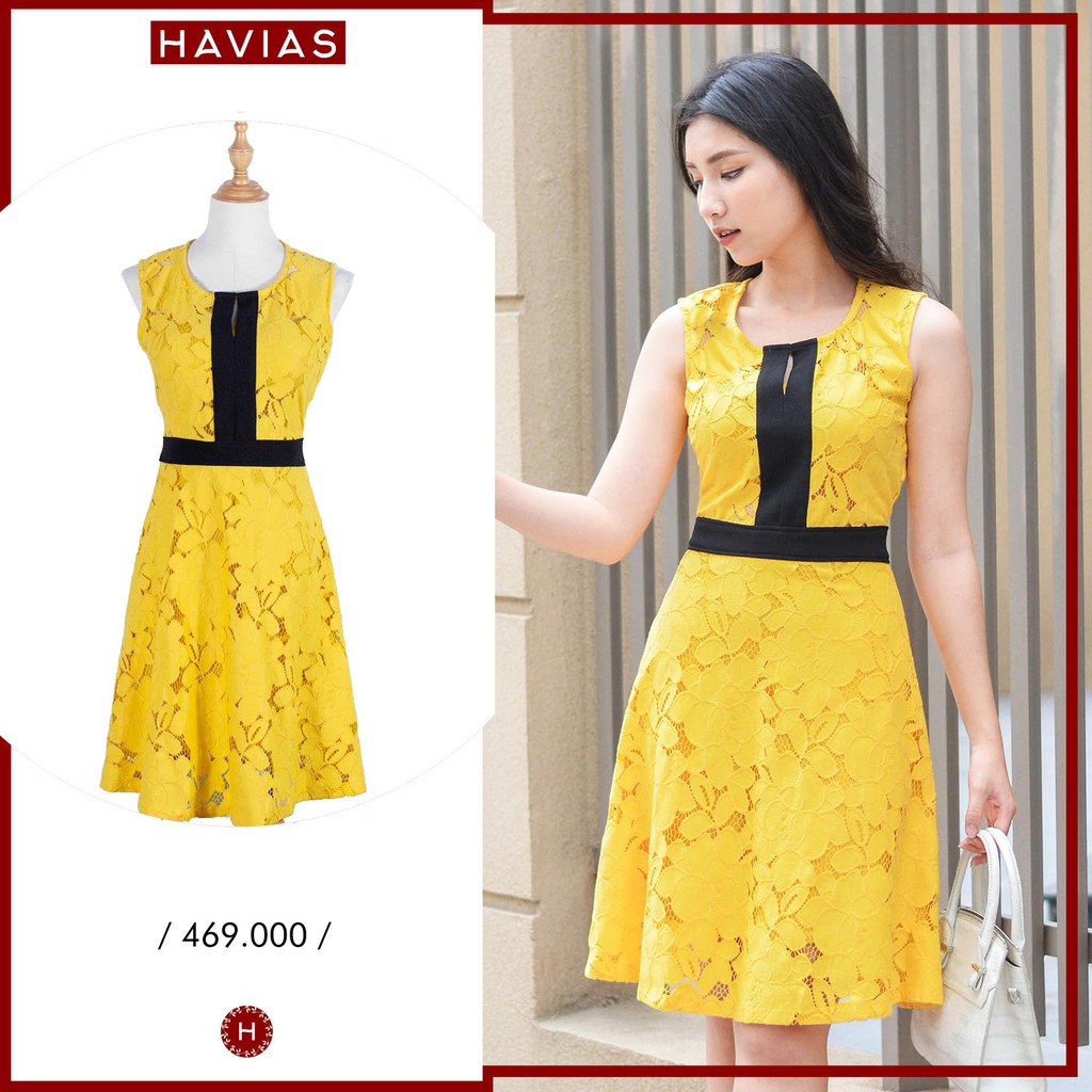 Đầm nữ HAVIAS họa tiết ren hoa vàng vải Ren cao cấp dày dặn