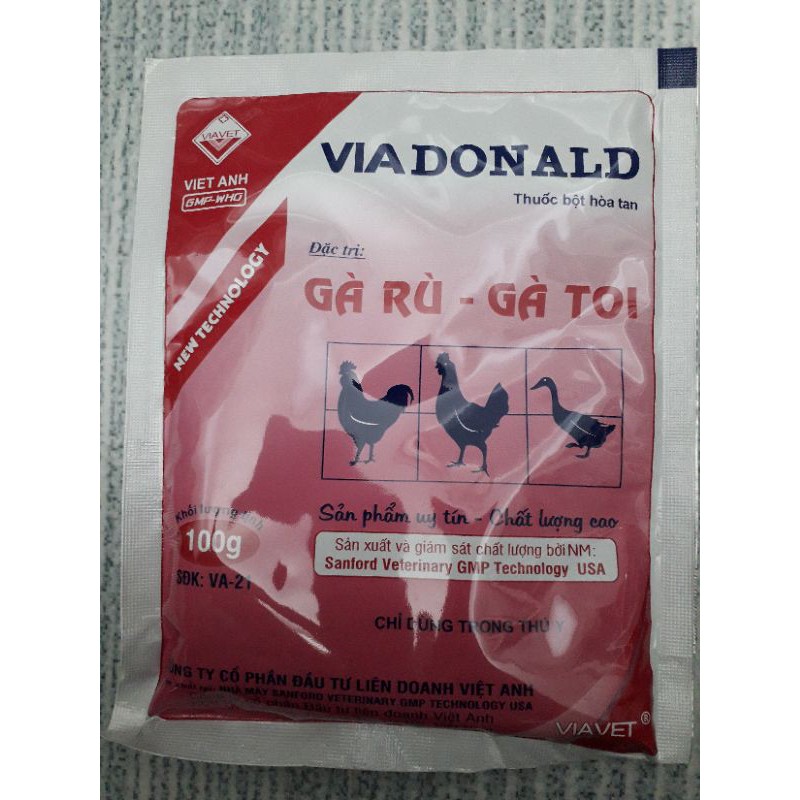 Via Donal 100g. Gà toi, gà rù, xù lông, sã cánh, màu thâm, chướng diều
