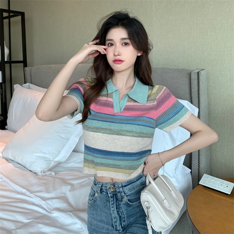 Áo thun ZHELIHANGFEI cổ polo tay ngắn họa tiết kẻ sọc cầu vồng thời trang